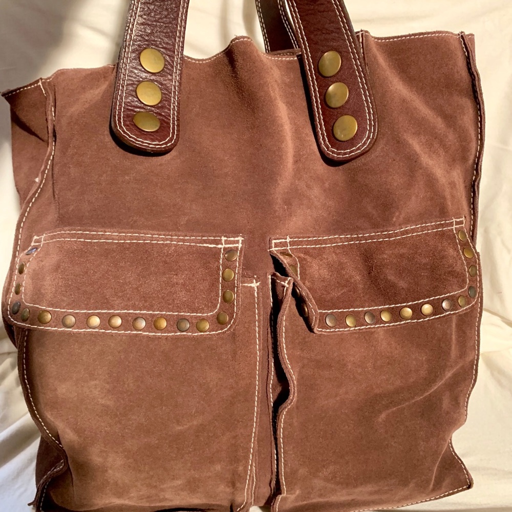 Brown suede and leather tote